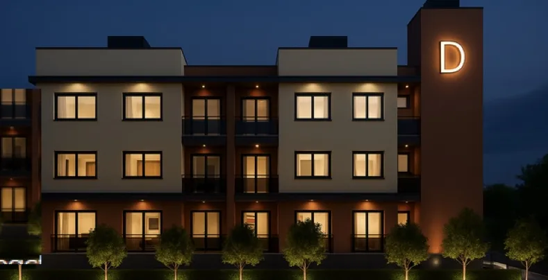 Render nocturno de edificio multifamiliar en Canarias, España