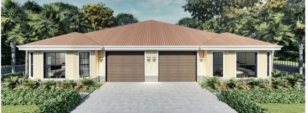 Render de la Casa Grant, dúplex de una planta en Lehigh Acres, Florida