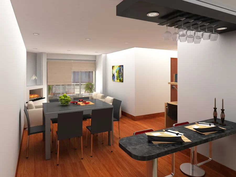 Render de diseño interior de un apartamento: comedor, cocina abierta y piso de madera