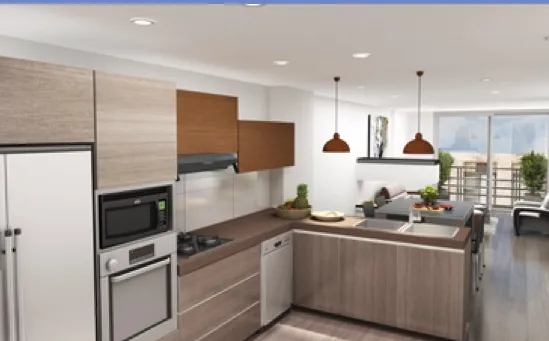 Render de cocina integral en madera y blanco