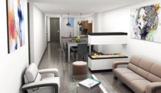 Render de sala y comedor con chimenea