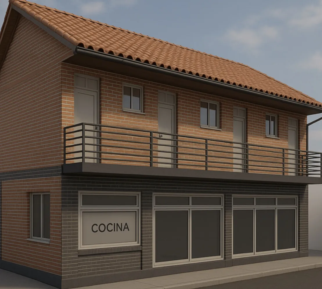 Render de edificio de vivienda con local comercial en el primer piso, Meta