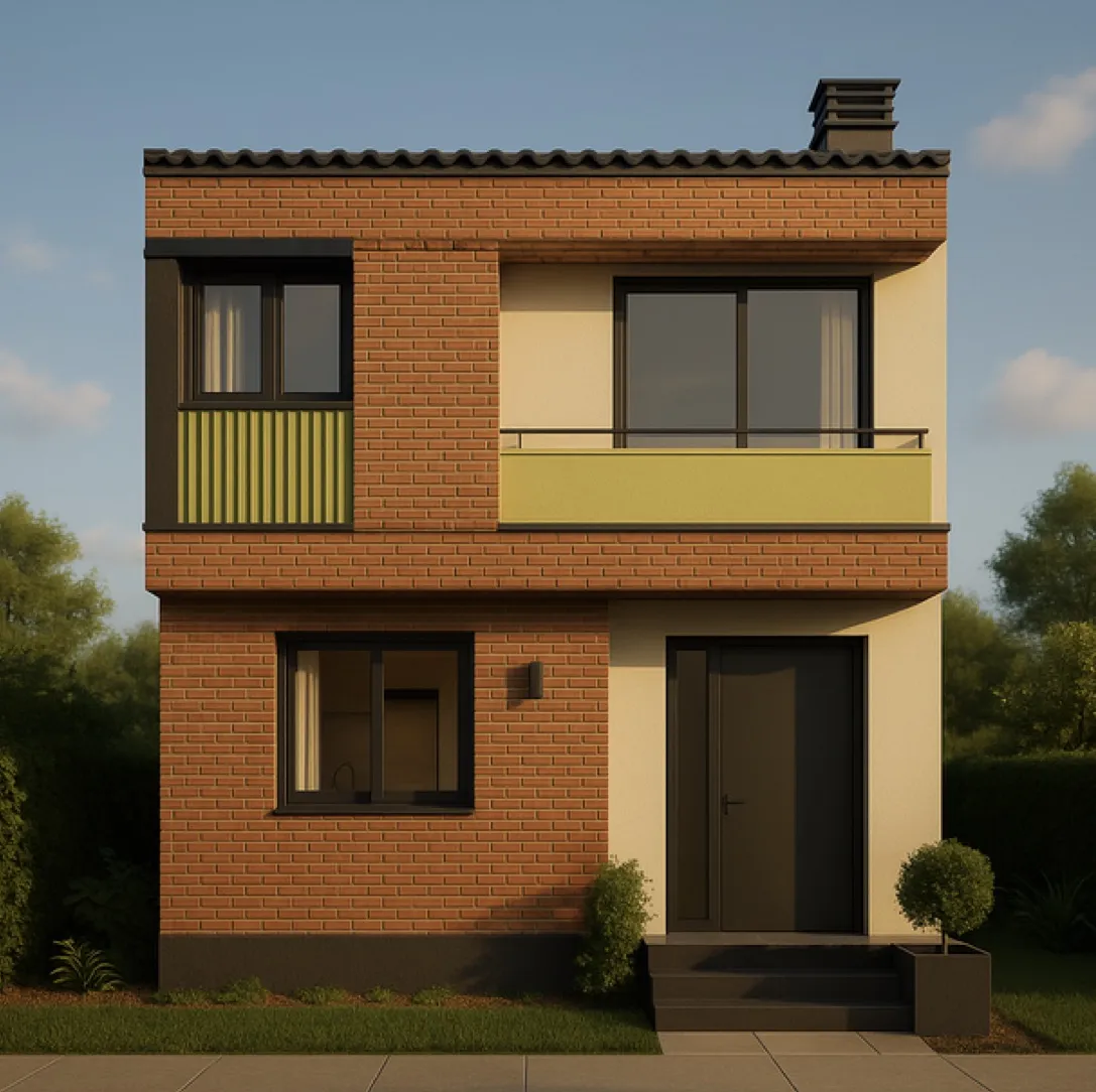 Render de vivienda unifamiliar de dos pisos en ladrillo en Bogotá